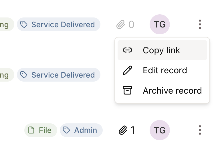 **Record deep links:** open or share a direct link to a specific record, so you can point a colleague straight to the right entry.